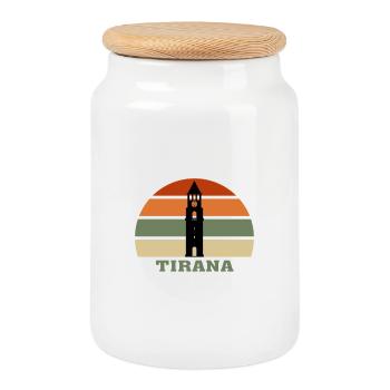 Tirana City Skyline Albania Landmark - Cookie Jar with Wooden Lid - white - Front