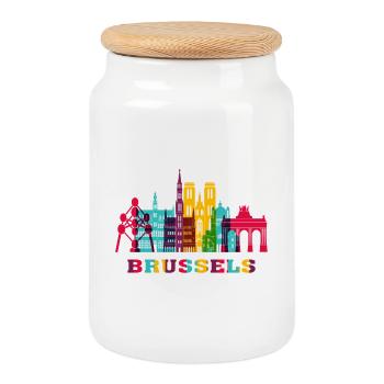 Brussels City Skyline Belgium Landmark - Cookie Jar with Wooden Lid - white - Front
