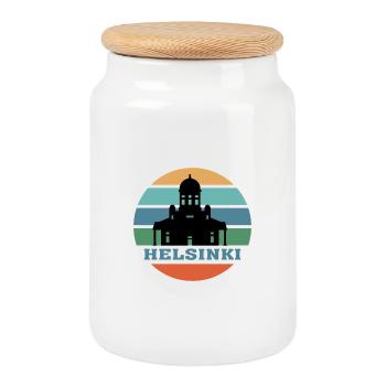 Helsinki City Skyline Finnland Wahrzeichen - Keksdose mit Holzdeckel - Weiß - Vorne