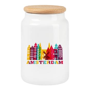 Amsterdam City Skyline Netherlands Landmark - Cookie Jar with Wooden Lid - white - Front