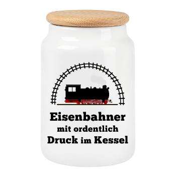 Eisenbahn Dampflok Spruch Druck im Kessel - Keksdose mit Holzdeckel - Weiß - Vorne