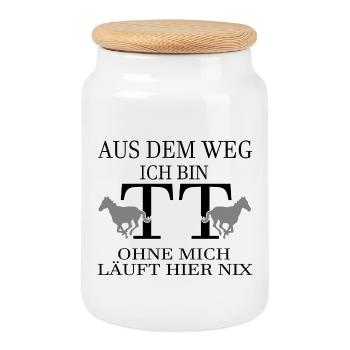 Tuniertrottel ich mach hier alles - Pferd Rappe - Keksdose mit Holzdeckel - Weiß - Vorne