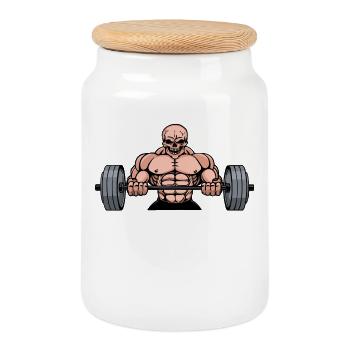 Weight lifting dumbbell muscle training workout fitness - Cookie Jar with Wooden Lid - white - Front