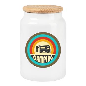 Camping vintage design / gift idea - Cookie Jar with Wooden Lid - white - Front
