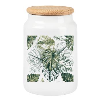 Motif de feuilles de monstera tropical - Boîte à biscuits avec couvercle en bois - blanc - Devant