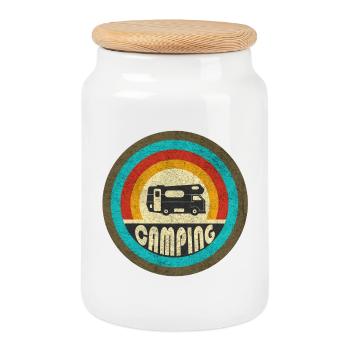 Camping vintage design / gift idea - Cookie Jar with Wooden Lid - white - Front