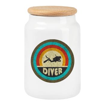 Taucher Vintage Design / Geschenkidee - Keksdose mit Holzdeckel - Weiß - Vorne