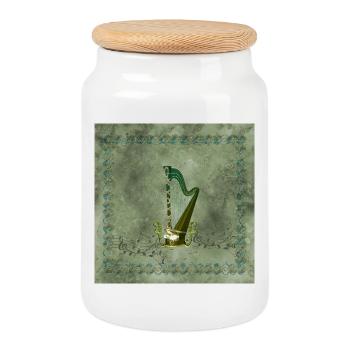 Keltische Harfe mit keltischem Knoten und Blumen mit Vogel - Keksdose mit Holzdeckel - Weiß - Vorne