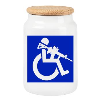 Bild eines Rollstuhlfahrers mit einem Gewehr # - Keksdose mit Holzdeckel - Weiß - Vorne