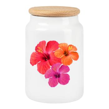 Tropical Hibiscus Threesome in Red, Orange & Pink - Cookie Jar with Wooden Lid - white - Front