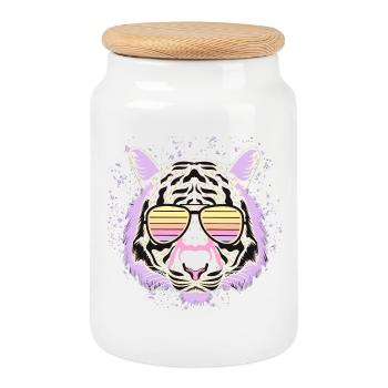 Tigre Psychedelic Lunettes Style - Boîte à biscuits avec couvercle en bois - blanc - Devant