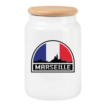 Marseille France Skyline Silhouette French Flag - Cookie Jar with Wooden Lid - white - Front