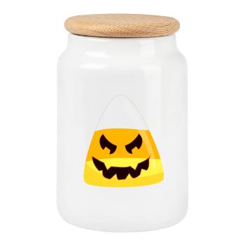 Halloween Candy Corn Pumpkin Emoticon Face - Cookie Jar with Wooden Lid - white - Front