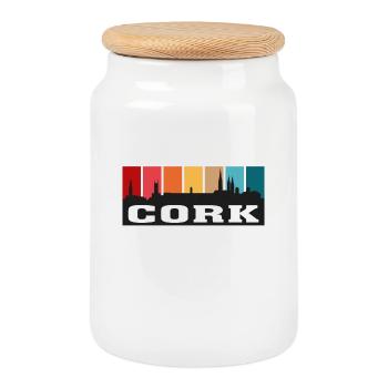 Cork Ireland Travel Souvenir Skyline Irish Flag - Cookie Jar with Wooden Lid - white - Front