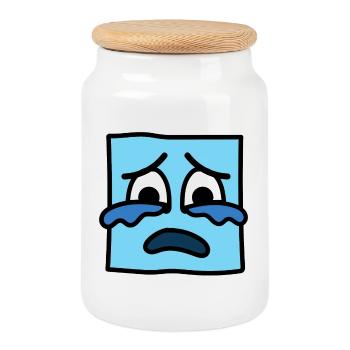 Funny Square Emoji Emoticon Kawaii Expression Face - Cookie Jar with Wooden Lid - white - Front