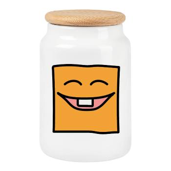 Drôle Carré Emoji Émoticône Kawaii Visage Expression - Boîte à biscuits avec couvercle en bois - blanc - Devant