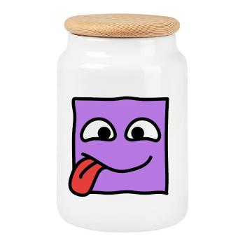 Drôle Carré Emoji Émoticône Kawaii Visage Expression - Boîte à biscuits avec couvercle en bois - blanc - Devant