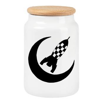 Fusée noire et demi-lune - Boîte à biscuits avec couvercle en bois - blanc - Devant