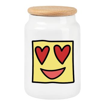Funny Square Face Emoticon Kawaii Expression - Cookie Jar with Wooden Lid - white - Front