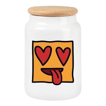 Visage carré kawaii drôle d'expression émoticône - Boîte à biscuits avec couvercle en bois - blanc - Devant