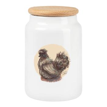 Poule en soie marron - Boîte à biscuits avec couvercle en bois - blanc - Devant