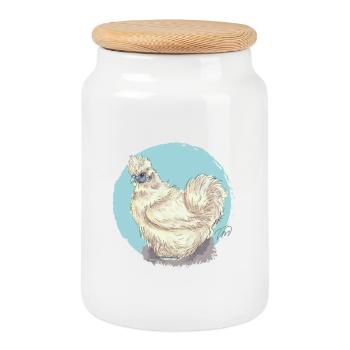 Poule en soie blanche - Boîte à biscuits avec couvercle en bois - blanc - Devant
