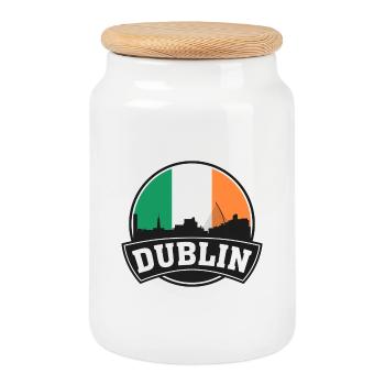 Dublin Ireland Skyline Travel Souvenir Irish Flag - Cookie Jar with Wooden Lid - white - Front