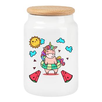 Licorne vacances nager pneu mer plage été - Boîte à biscuits avec couvercle en bois - blanc - Devant