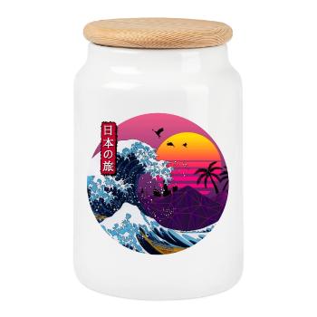 Retro Japanische Welle - Keksdose mit Holzdeckel - Weiß - Vorne