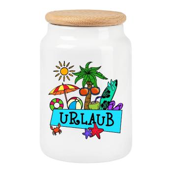Urlaub Palmen Sommer Sonne Meer Strand Relaxen - Keksdose mit Holzdeckel - Weiß - Vorne
