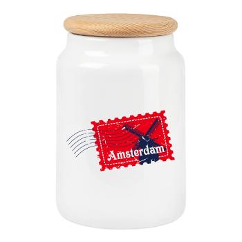Amsterdam Netherlands Travel Souvenir Stamp Badge - Cookie Jar with Wooden Lid - white - Front
