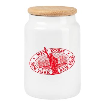 New York USA Reise Souvenir Stempel Abzeichen Aufkleber - Keksdose mit Holzdeckel - Weiß - Vorne