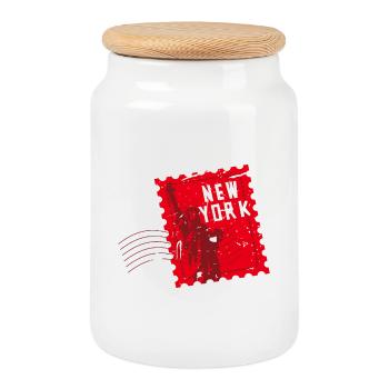 New York USA Reise Souvenir Stempel Abzeichen Aufkleber - Keksdose mit Holzdeckel - Weiß - Vorne
