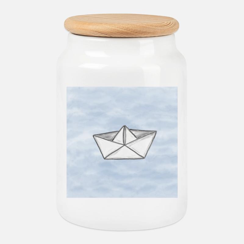 Paper ship - Cookie Jar with Wooden Lid - white
