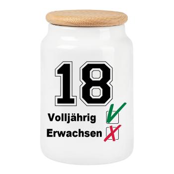 18. Geburtstag ,Volljährig , erwachsen(25) - Keksdose mit Holzdeckel - Weiß - Vorne