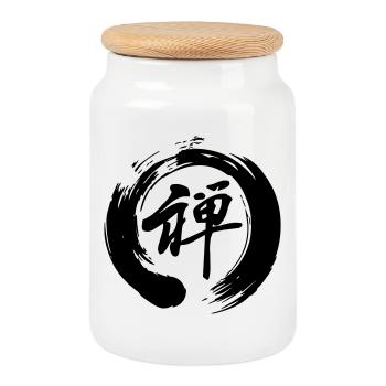 Zen in japanischer Kanji-Schrift in enso-Zen geschrieben - Keksdose mit Holzdeckel - Weiß - Vorne