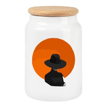 Femme avec chapeau - Boîte à biscuits avec couvercle en bois - blanc - Devant