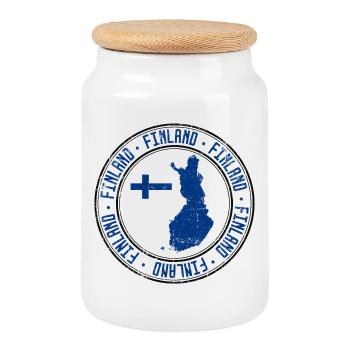 Finland Map Circular Crest with Flag - Cookie Jar with Wooden Lid - white - Front