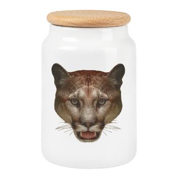 beautiful animal motifs, mountain lion face - Cookie Jar with Wooden Lid - white - Front