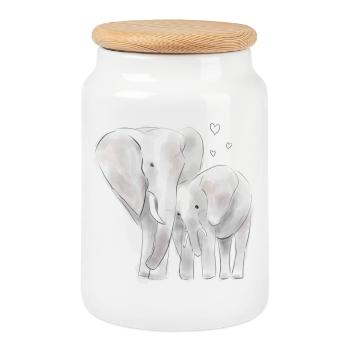 Cute elephant mum and baby sketch watercolour with - Cookie Jar with Wooden Lid - white - Front