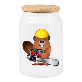 mignon castor avec une tronçonneuse et un casque de protection - Boîte à biscuits avec couvercle en bois - blanc - Devant