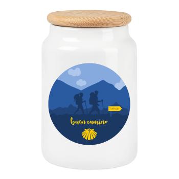 Buen Camino Santiago Man and Woman - Cookie Jar with Wooden Lid - white - Front
