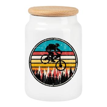 Retro Forest Bike Sunset - Cookie Jar with Wooden Lid - white - Front