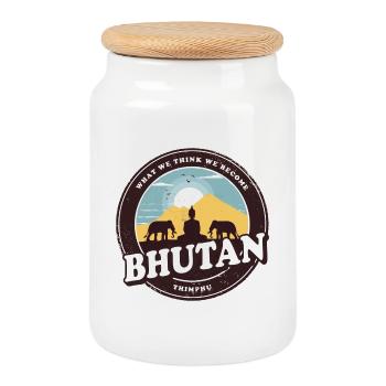 Bhutan Buddha Design with Elephants / Gift Idea - Cookie Jar with Wooden Lid - white - Front