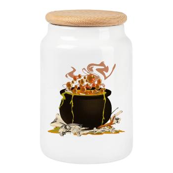 magic cauldron, creepy prints, witch design - Cookie Jar with Wooden Lid - white - Front