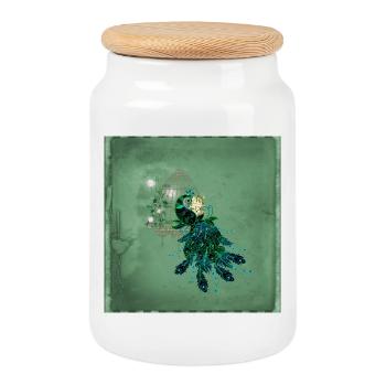 Elegante Pfau mit Käfig und Blumen. - Keksdose mit Holzdeckel - Weiß - Vorne