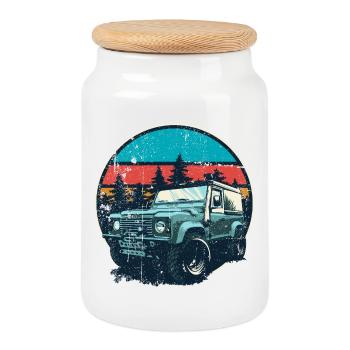 4x4 vintage dans la forêt du coucher du soleil - Boîte à biscuits avec couvercle en bois - blanc - Devant
