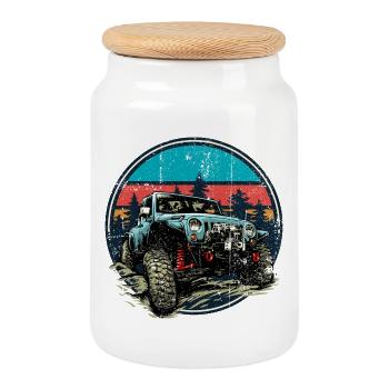 Rugged Jeep Off-Road Sunset - Cookie Jar with Wooden Lid - white - Front