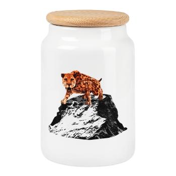 smilodon, big cat men, saber-toothed tiger, prehistoric - Cookie Jar with Wooden Lid - white - Front