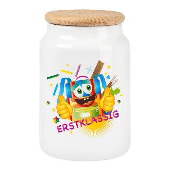 erstklassiger kunterbunter lustiger Schulranzen - Keksdose mit Holzdeckel - Weiß - Vorne